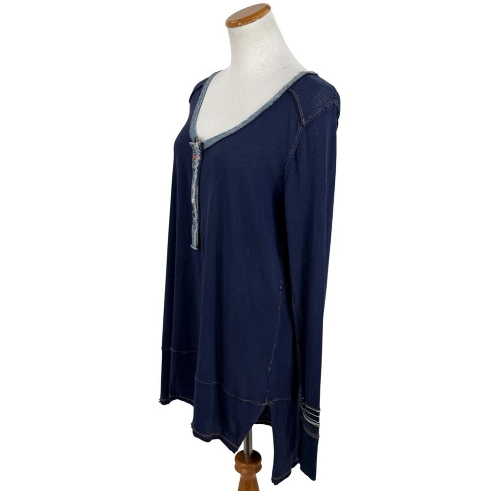 Free People Blue Slouchy Exposed Stitch Embellished Henley Top | Boho Grunge S - Picture 11 of 16